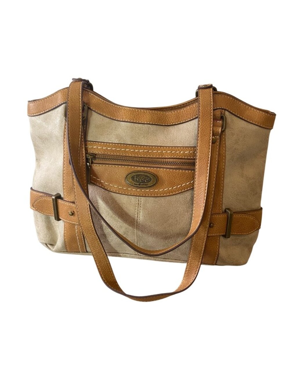 B.O.C. Beige & Brown Faux Leather Tote Bag Multiple Compartments Double Straps